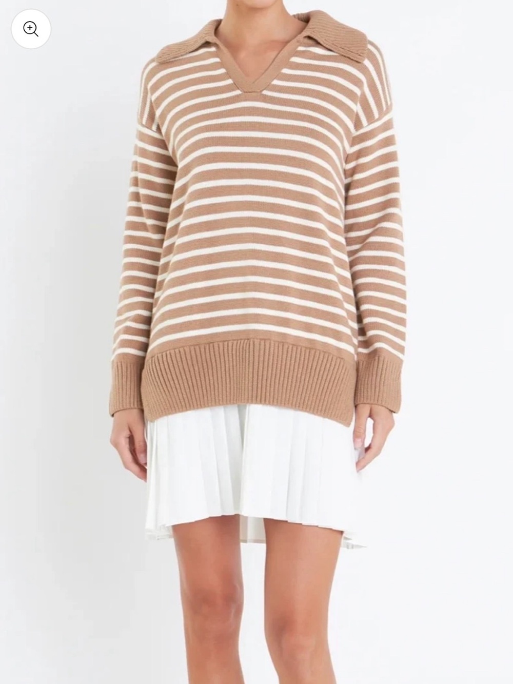 English Factory Tatum Sweater Dress Tan Stripe Pleated Hem Collared Size M